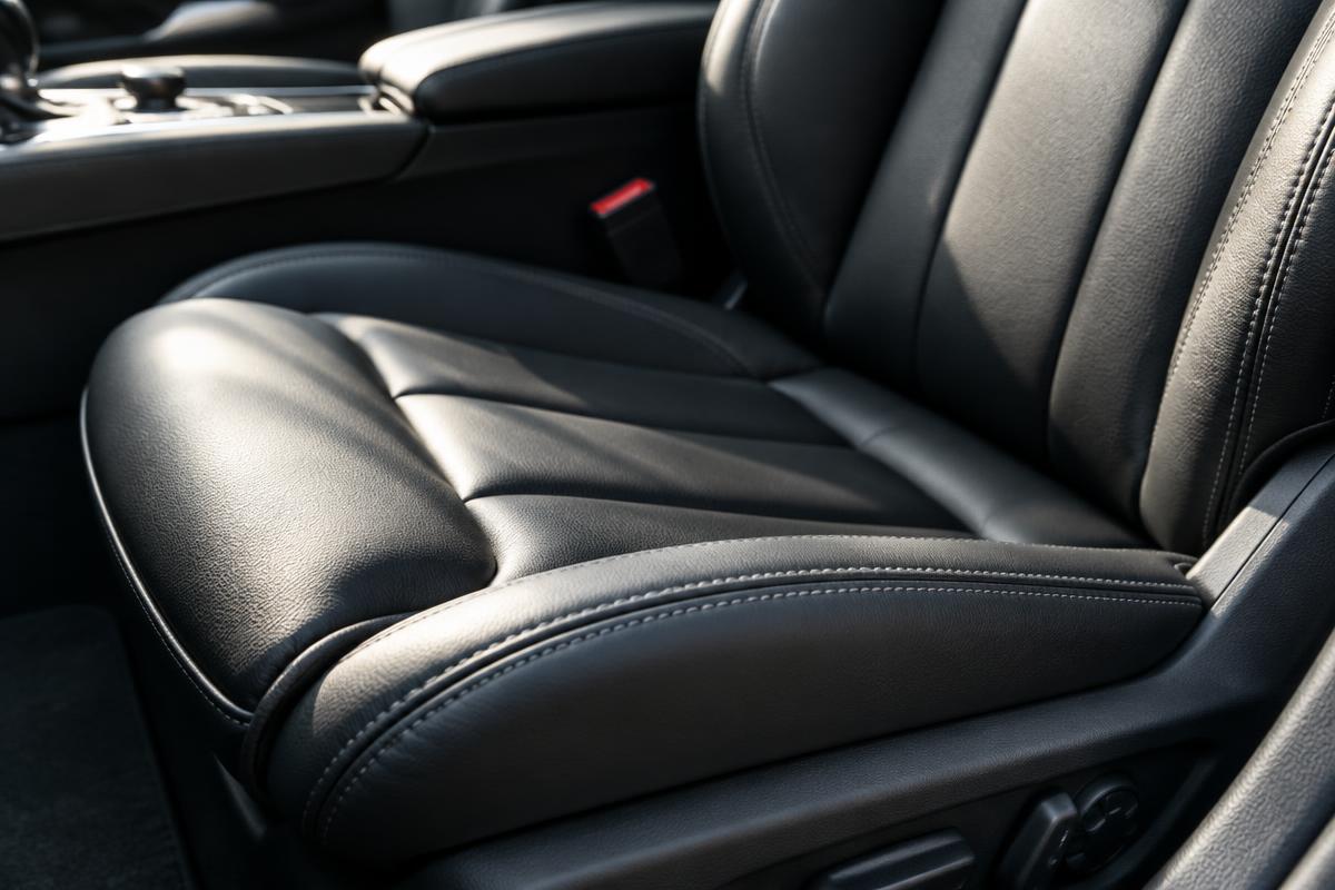Fine stitching and texture on a black leather car seat