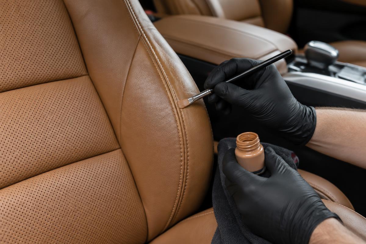 Careful colour application on a leather seat bolster